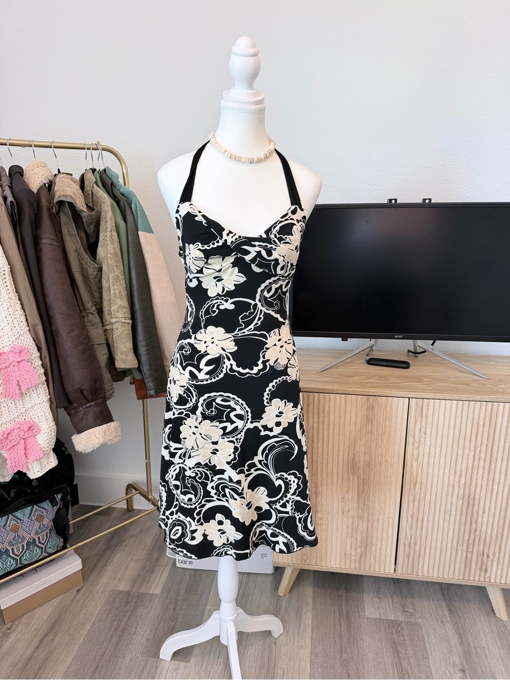 Ruby Rox Black and Cream Floral Halter Midi Dress